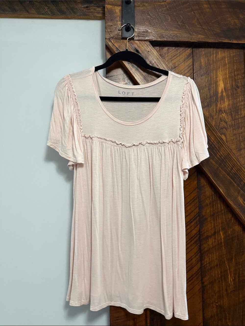 LOFT Pale Pink Ruffle Yoke Short Sleeve Top